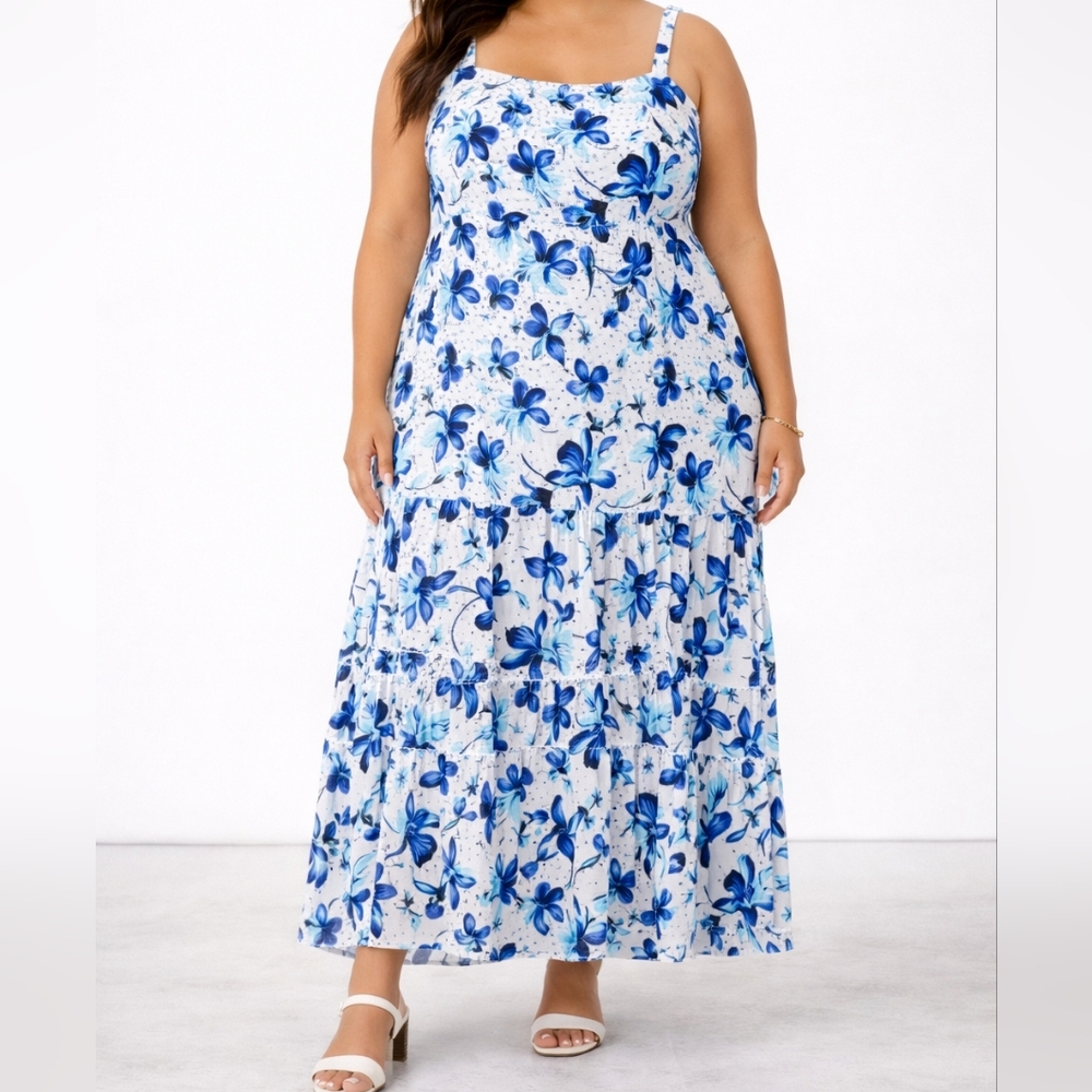 Eloquii Floral Tropical Tiered Tie Back Maxi Dress Blue SZ 16 New
